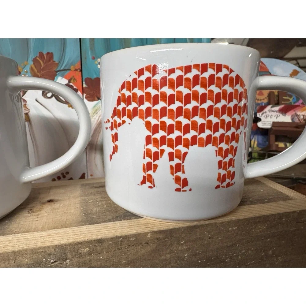Room Essentials ELEPHANT Red Orange 2 Coffee Mugs Cups Ceramic RE TARGET 12oz.
